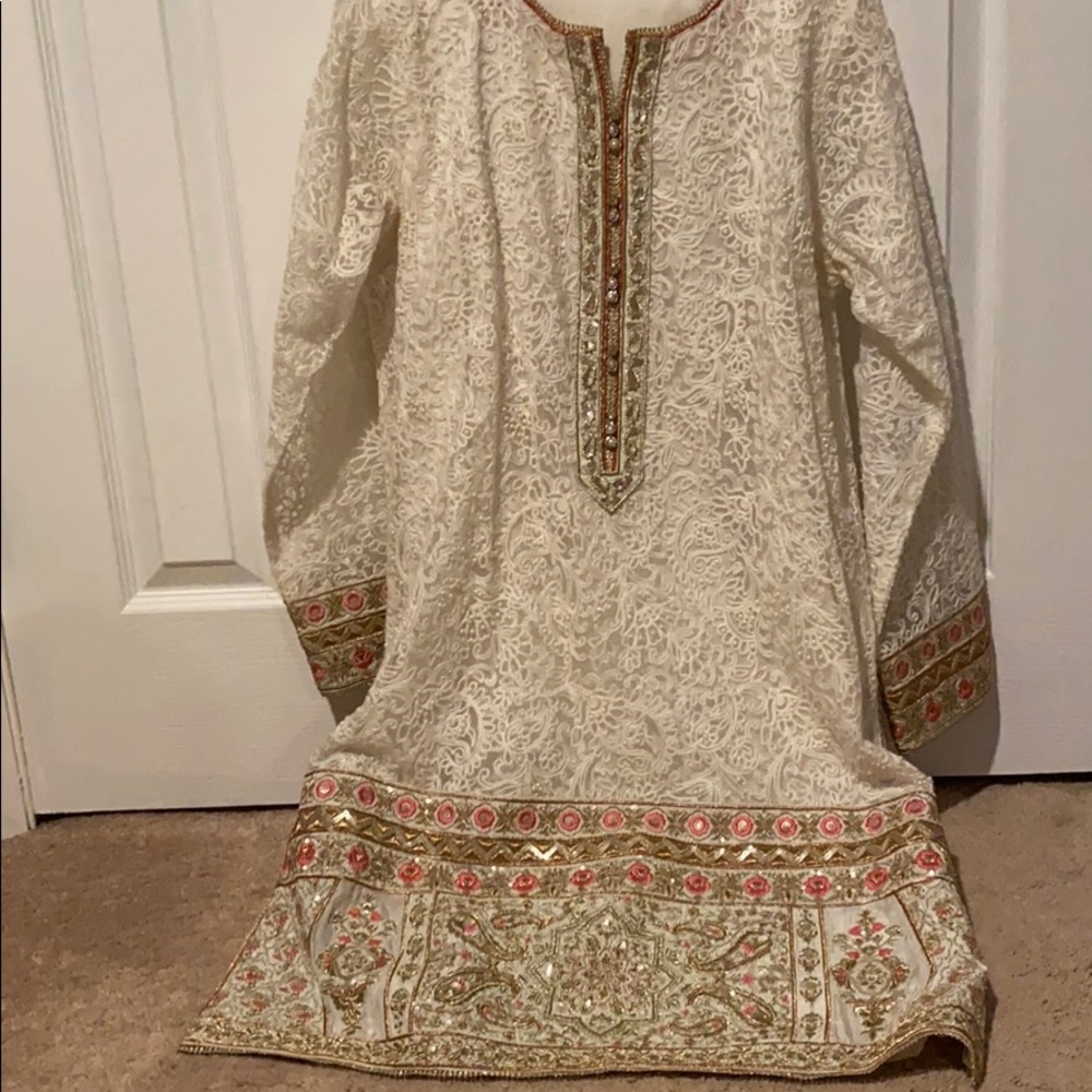 Thredz 3 Piece Pakistani Clothes White Net